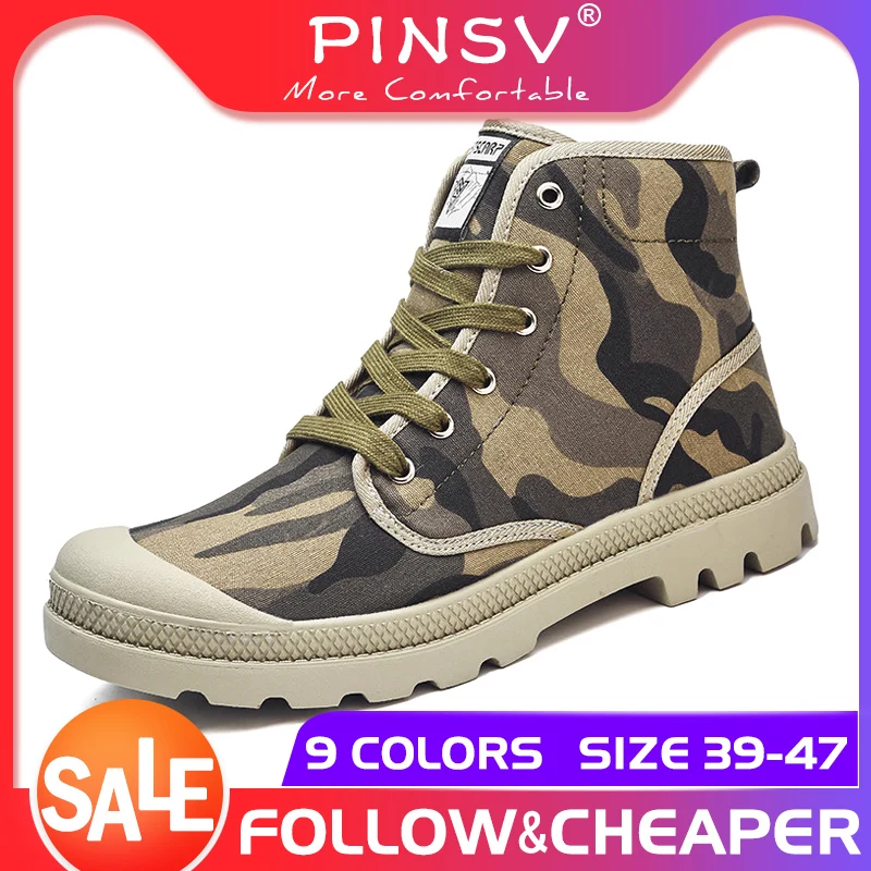 

PINSV Men's Hand Made Retro Boots Canvas Ankle Work Boots Lovers High Tops Unisex Parlatan Sneakers Rubber Sole Plus Size 47