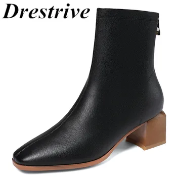 

Drestrive Women Ankle Boots Zipper 2020 New Arrival Cow Leather Square Toe Thick Heel 5 cm White Female Winter Shoe