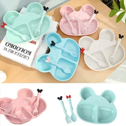 Assiette en paille de blé, bol d'entraînement pour bébé, cuillère + fourchette ours mignon, ensemble de vaisselle alimentaire pour enfants, ustensiles d'alimentation pour bébé 