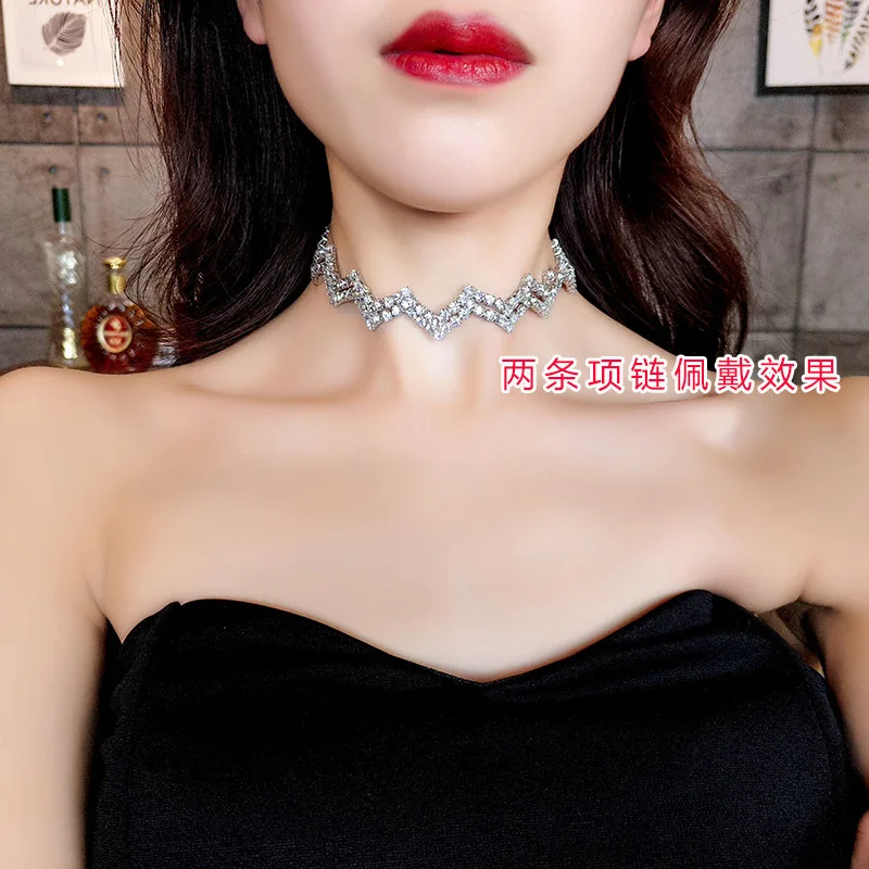 

Europe And America 2018 New Style Flow Simple Wave-Shaped Necklace Short Necklace Women's Neck Band Full of Crystals Japanese Ko