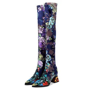 

2019 autumn winter over the knee women's boots high quality fabric thick high heel pointed toe fashion print women boots