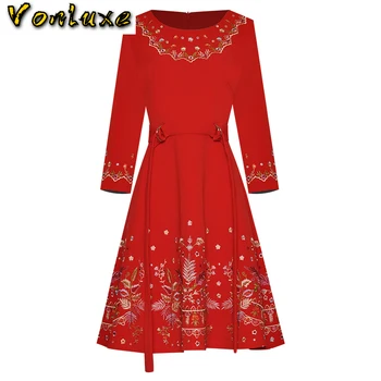 

Runway Designer Luxury Brand O-Neck Floral Embroidery A-Line Boho Spring Autumn Dress Women Red Black Casual Work Wear Clothes