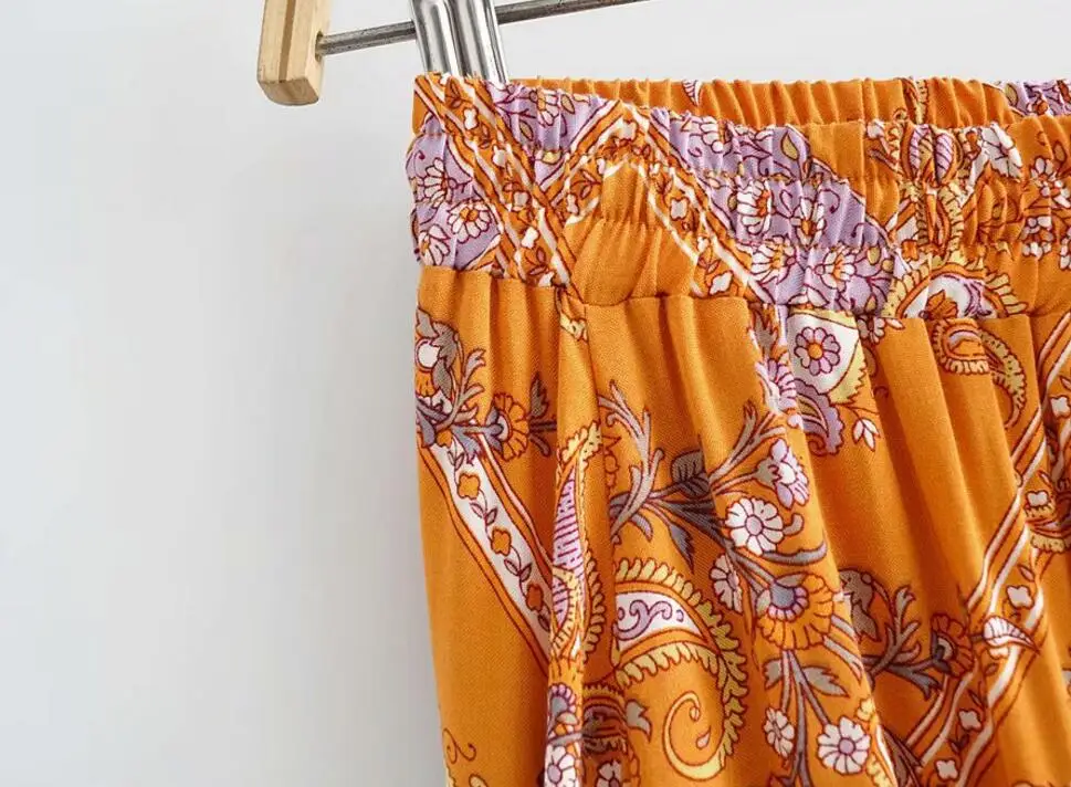 BOHO праздничные женские сшитые плиссированные юбки со шнуровкой на талии длиной до пола богемные оранжевые длинные юбки с цветочным принтом