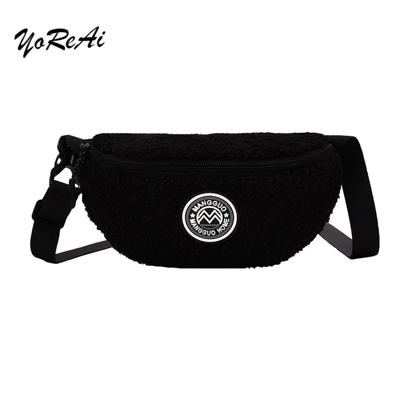 

Fashion Black Plush Women Waist Bag Winter Sherpa Pouch Fanny Pack Phone Pouch Female Bag Packs Women's Belt Chest Shoulder Bag