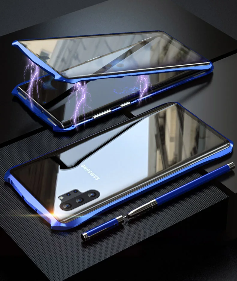 Магнитный чехол для samsung Galaxy Note 10 Pro, двухсторонний чехол из закаленного стекла 9H для samsung Note 10, металлический бампер - Цвет: blue