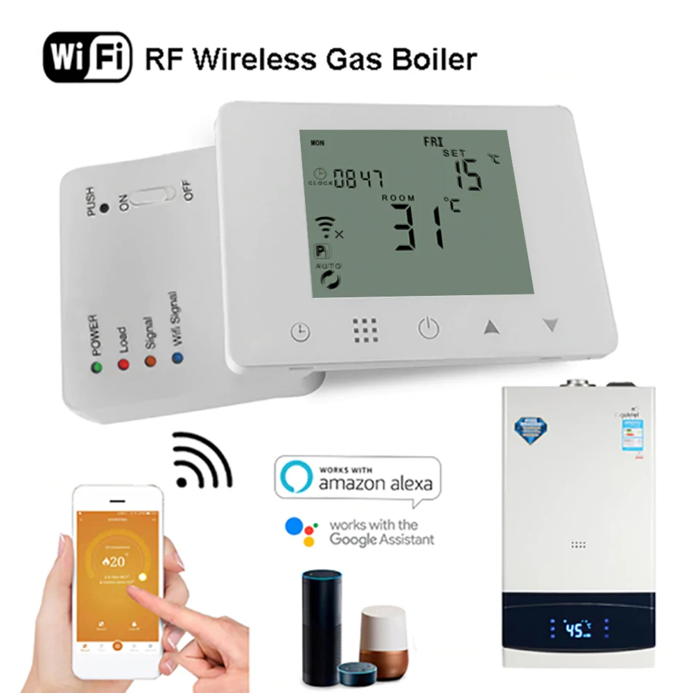 

WiFi & RF Wireless Digital Thermostat Touch Screen Floor Heating Smart Temperature Controller Remote By Amazon Echo and Google