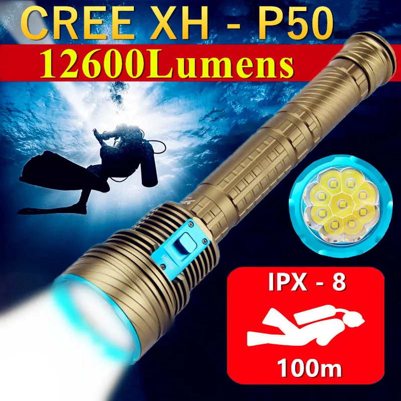 Светильник рь для дайвинга 9 * XHP50 подводный светодиодный фонарь на 100 м