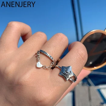 

ANENJERY Fashion Cute Pentagram Smiling Face 925 Sterling Thai Silver Ring Love Heart Tassel Chain Rings For Women S-R669