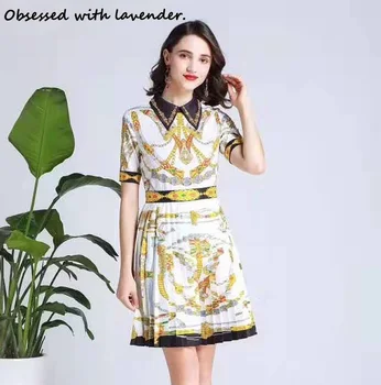 

New fashion women's clothing, printed pleated dress, summer, princess collar, totem flower，Embroidery, beading