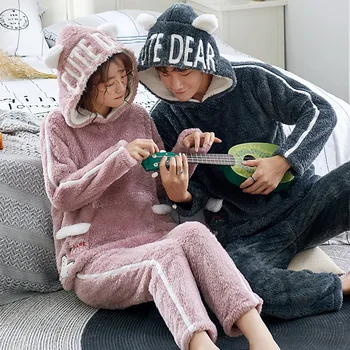 

2019 Women thick and warm flannel men home wear suit New pair coral pajamas soft winter pajama