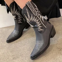 Новые женские ботинки; ботинки на толстом каблуке в стиле ретро; женские зимние ковбойские ботинки; Botas Mujer; зимняя обувь; женские ботинки до середины икры; женские ботинки