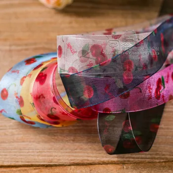 

Cute Cherry Printed Organza Ribbon For Kids Children Hair Bow HeadDress Accessories Cartoon Flower Pattern100yard/lot 16 25 40mm
