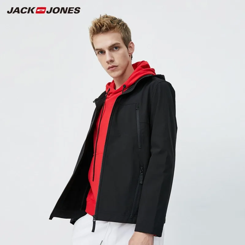 Mens Hooded Jacket Jack Jones Lightweight Windproof Windbreaker Grey Black Coat 