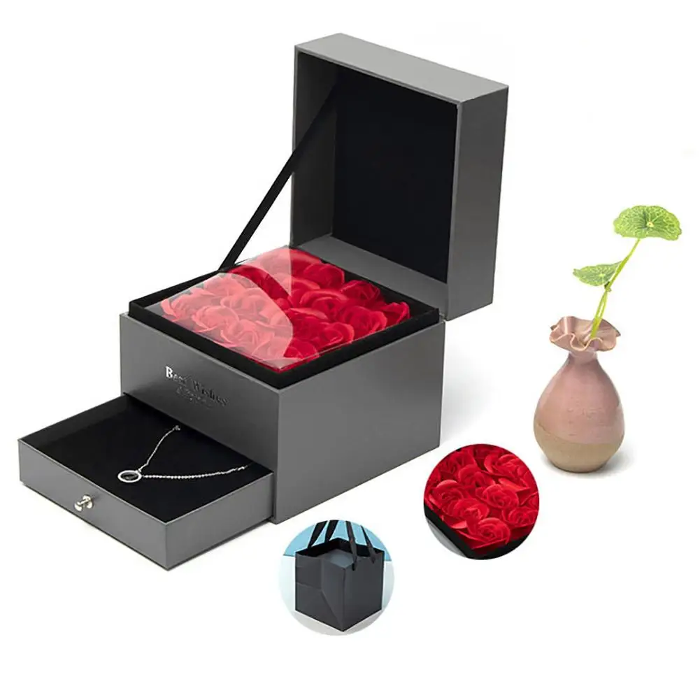 

Festival Double Layer Drawer Rose Flower Jewelry Lipstick Storage Gift Box