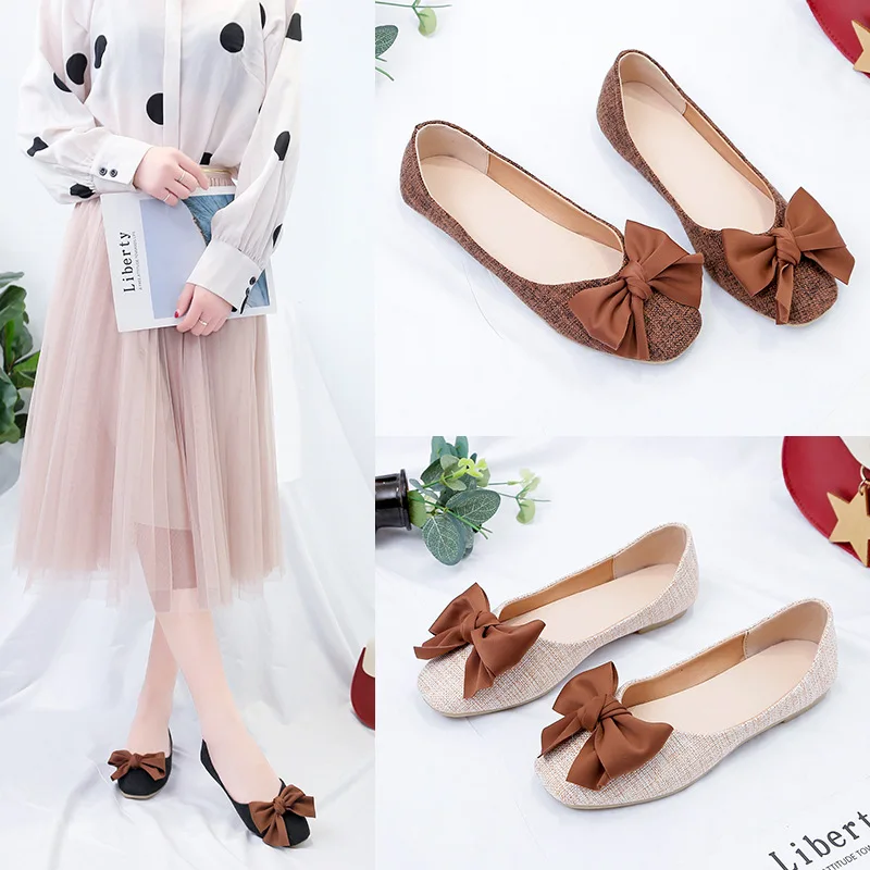 

New Style Shoes Women's 2019 Bow Flat Double Purpose Spring Adult Versatile Low-Cut MORI Series Solid Color Grandma Side Scoop B