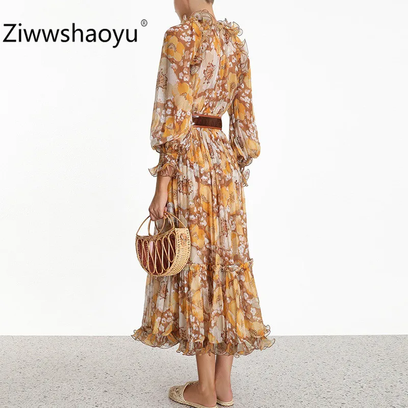 Ziwwshaoyu элегантное богемное шифоновое длинное платье с цветочным принтом женские плиссированные платья с длинным рукавом и эластичной талией