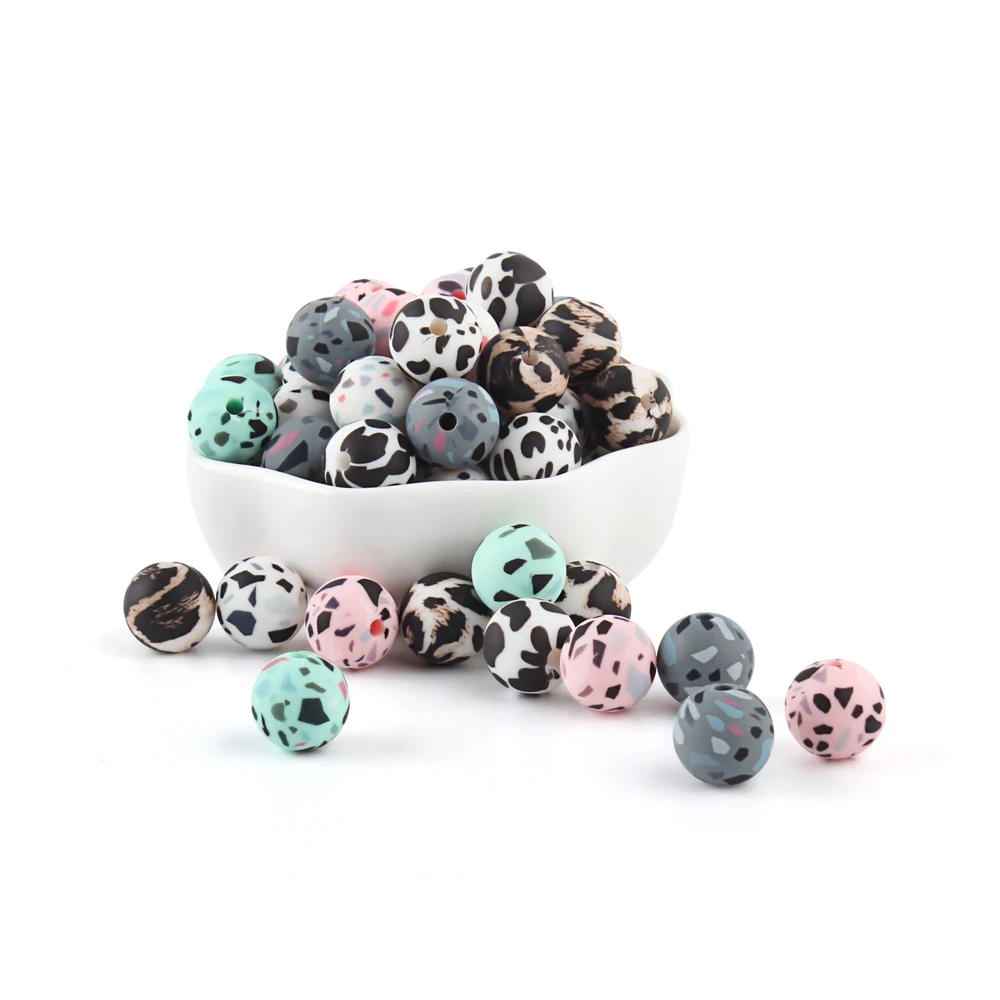 20pcs 12mm Silicone Beads Terrazzo Leopard Print Round Ball Pearl DIY Chewable Baby Safe Teether Toys Baby Teething Beads
