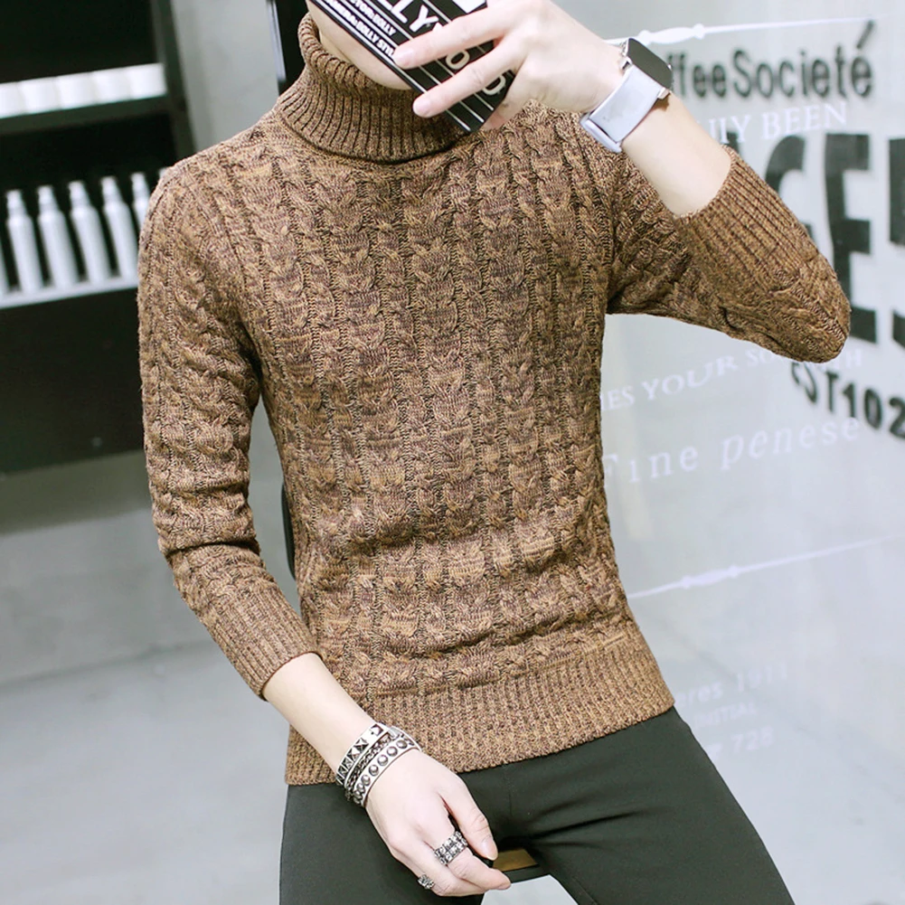Casual Men Solid Color Winter Turtle Neck Long Sleeve Twist Slim Knitted Sweater - Image 4