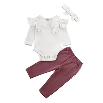 

2020 Newborn Baby Girl Clothes Long Sleeve Ruffle Romper Bodysuit Tops + Lace PP Pants Leggings Spring Cotton Soft Outfit 3-24M