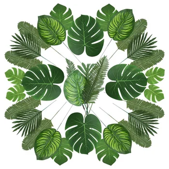 

90 Artificial Palm Leaves with Stem for Tropical Party Decoration Aloha Jungle Beach Anniversary Palm Leaves