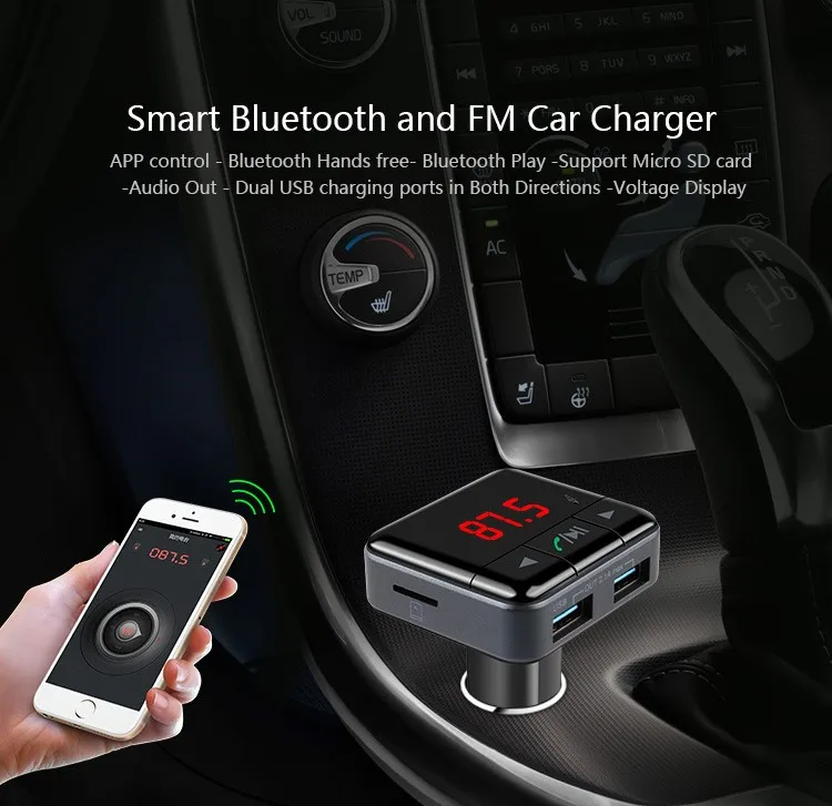JILANG Newest Handsfree Wireless Bluetooth Car Kit MP3 Player FM Transmitter Radio APP Control Car Charger For iPhone 5S 6 6S 7 (2)