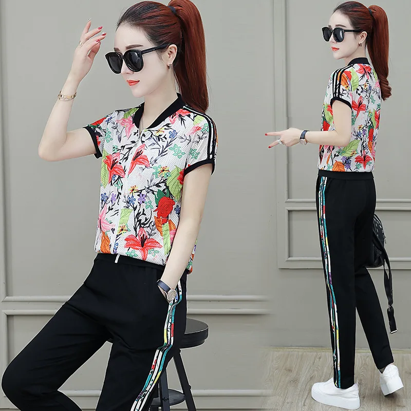 

2019 Summer New Style Casual Sports Clothing WOMEN'S Suit Summer Short Sleeve Trousers Korean-style Fashion Printed Large Size T