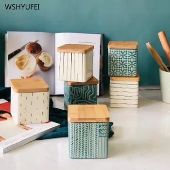 

1Pcs Ins American designer unique retro embossed design square ceramic storage jar tea grains coffee beans storage tank
