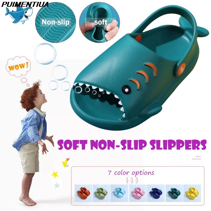 Pantuflas de tiburón a la moda para Bebé y Niño, zapatos de playa de fondo suave, antideslizantes, con agujeros, sandalias, novedad de verano