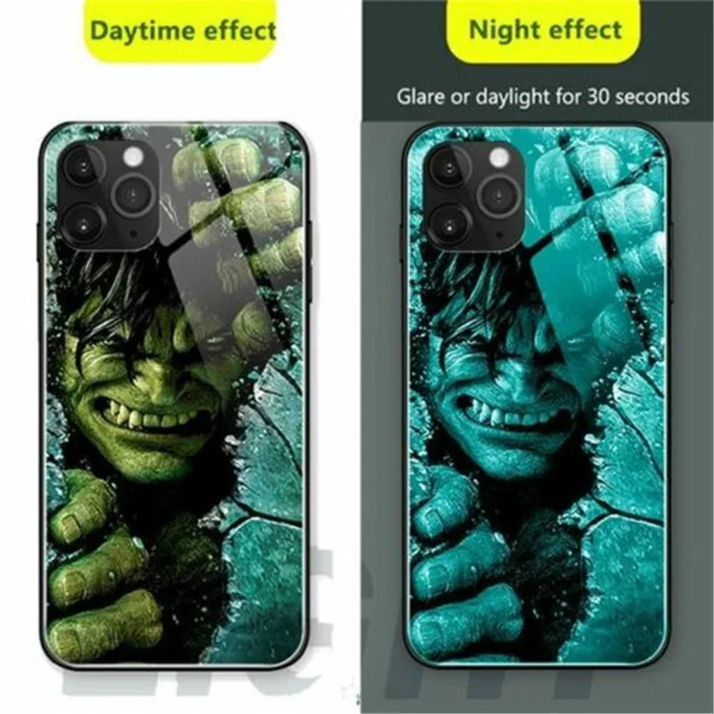 Светящийся чехол из закаленного стекла для iphone 11 pro Max, роскошный Полностью Защитный чехол Marvel для iphone X XS XR 6 6s 7 8 plus, чехол - Цвет: Hulk