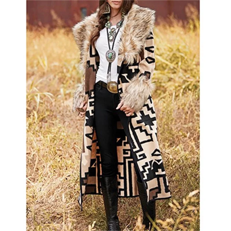 Пальто женское с меховым воротником пальто с принтом Осень Зима Женское длинное пальто с длинным рукавом Женское пальто повседневное ветровка размера плюс