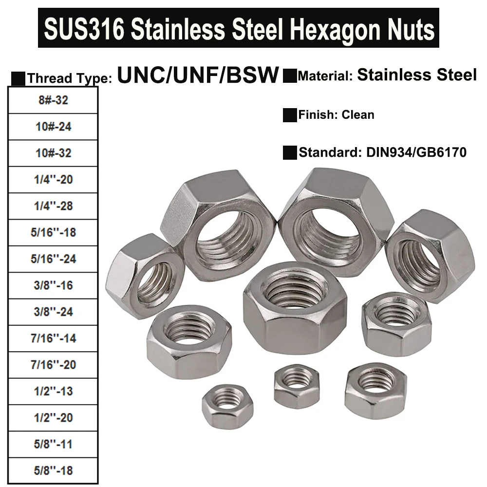 1/4 5/16 3/8 7/16 1/2 5/8 UNC IMPERIAL STAINLESS STEEL A2 HEX FULL NUTS HEXAGON 1/4 5/16 3/8 7/16 1/2 5/8 UNC IMPERIAL STAINLESS STEEL A2 HEX FULL NUTS HEXAGON