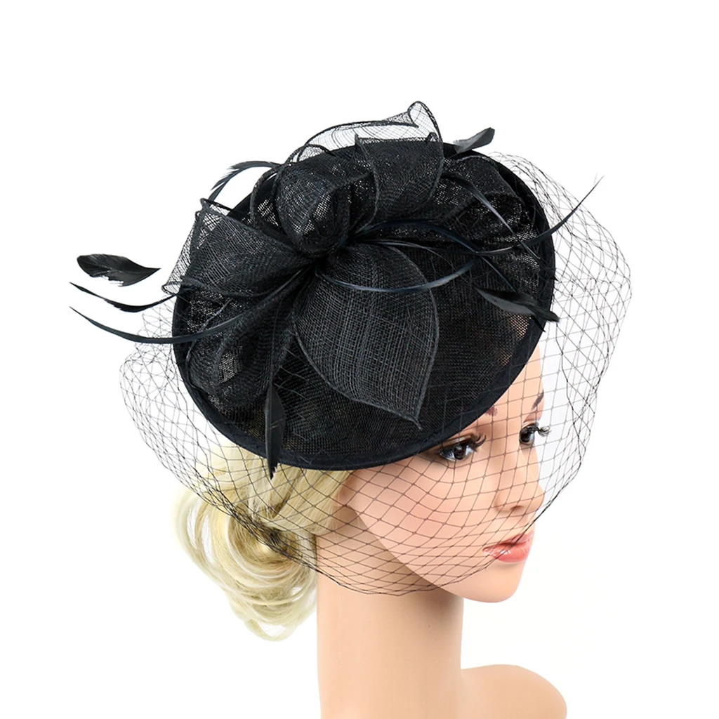 Лидер продаж волосы повязка на голову Sinamay шляпа повязка на голову с перьями Вуаль свадебная модная повязка на голову с цветами для девочек аксессуары для волос - Цвет: Black