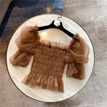 

Cropped Blouse for Women 2020 Summer New Temperament Tight Slim Short Mesh Puff Sleeve Shirt Female Top Blouses Blusas