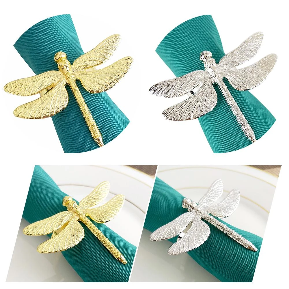 8 PCS-Silver Dragonfly Silver Gold Metal Napkin Rings,Spring Summer Tropical Alloy Serviette Napkin Buckle Holder for Holiday,Christmas,Dinner Party 