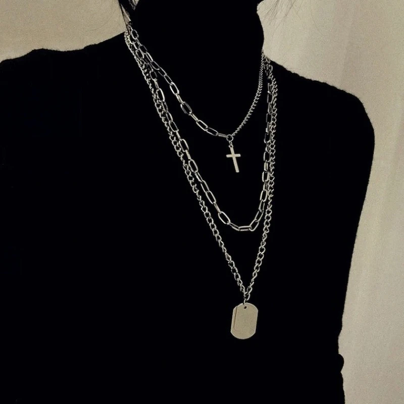 

Multilayers Punk Silver Chains Cross Necklace Couple Fashion Street Hip Hop Geometric Metal Pendant Necklaces For Women