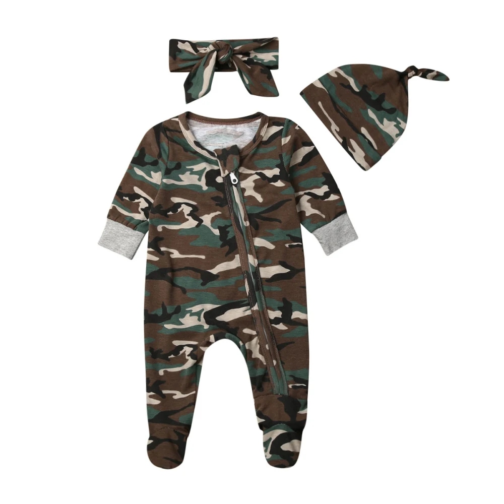 Newborn Infant Baby Girls Boys Camouflage Romper Jumpsuit Hairband Hat Clothes 