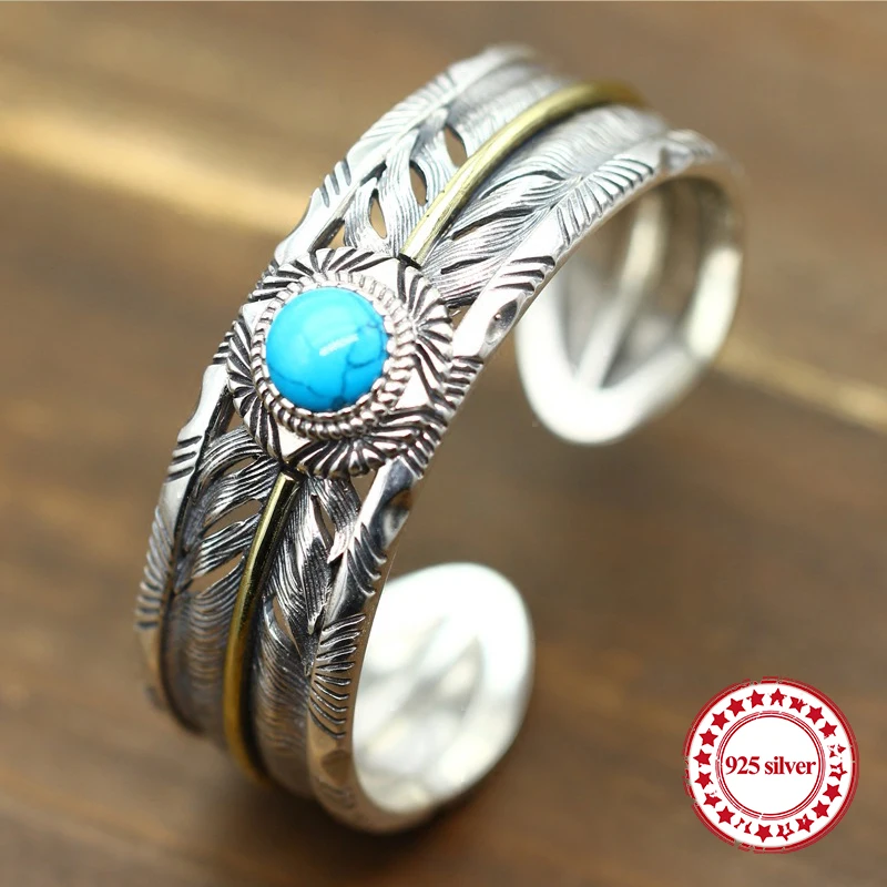 

S925 Sterling Silver Open Bangle personalized retro fashion Indian feather style high-end carved simple bracelet to send a gift