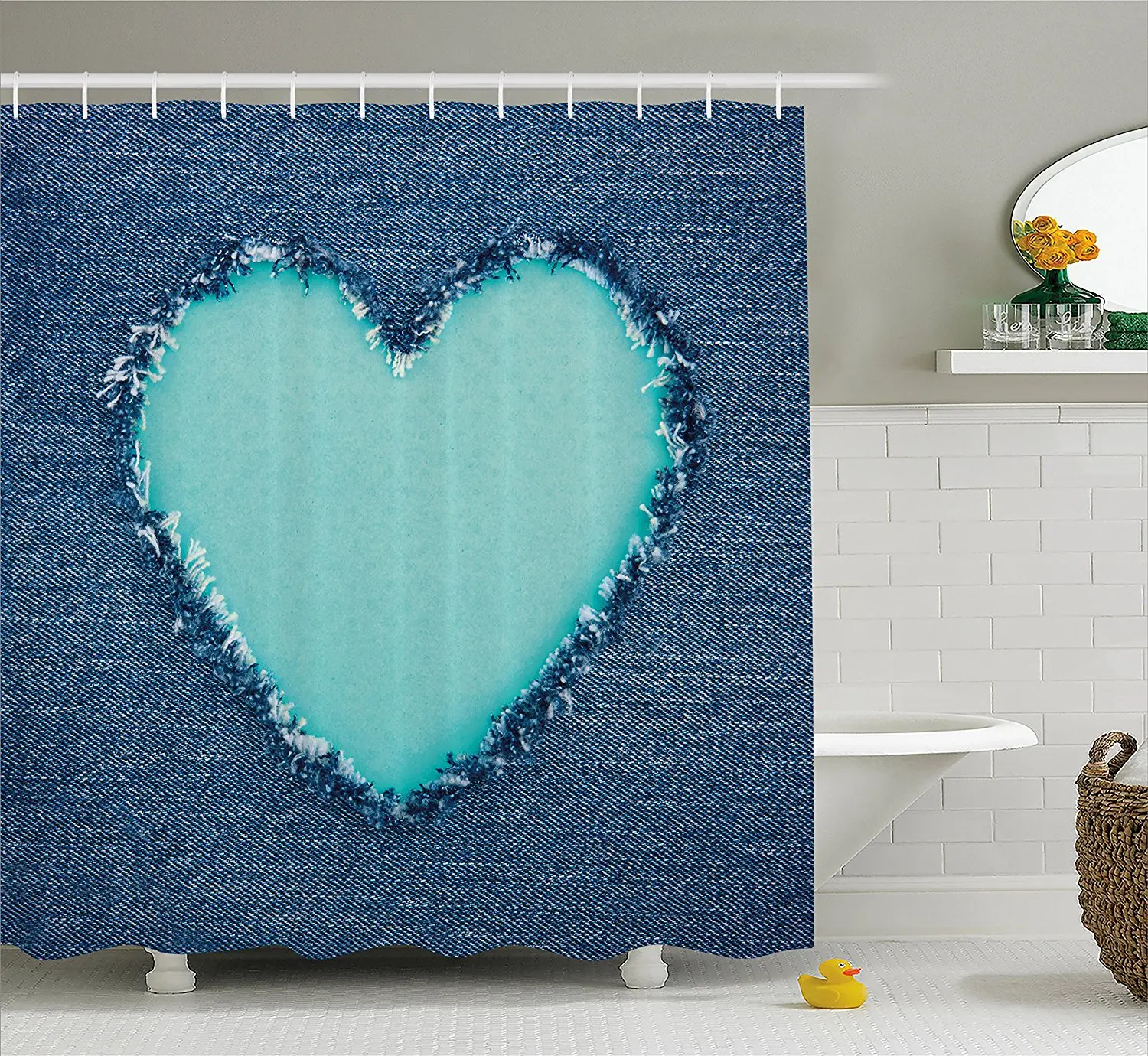 

Navy and Teal Shower Curtain Ripped Denim Jean Fabric Image Heart Shape Love Romance Valentines Day Fabric Bathroom Decor