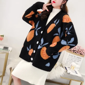 

2020 Knit Plush Sweater Oversize Female Cardigan Fruit Printed Women's Sweater Coat Winter Loose Thicken Women's Cardigan Jacket