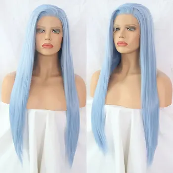 

Bombshell Silky Straight Synthetic Lace Front Wig Sky Blue Heat Resistant Fiber Natural Hairline Side Parting For Women Wigs
