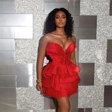Robe de soirée courte rouge, sans bretelles, sans manches, plissée à plusieurs niveaux, grande taille, Mini robe de Cocktail, sur mesure 