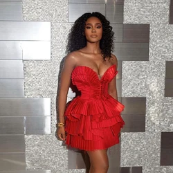 Red Fashion Sexy Short Party Dresses Strapless Sleeveless Pleated Tiered Plus Size Women Mini Cocktail Evening Gown Custom Made