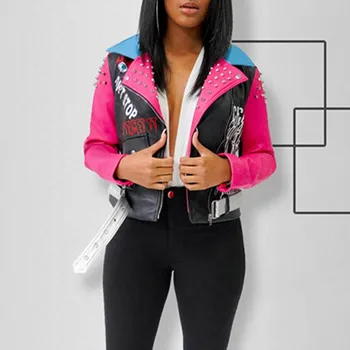 

Rivet Faux Leather Jacket Printed Lapel Hit Color Zipper PU Leather Gothic Punk Fashion Women Coat Motorcycle Jacket Outerwear