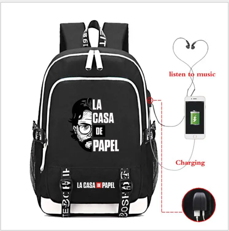 La Casa De Papel Оксфорд рюкзак usb зарядка школьная сумка бумажный дом музыка mochila рюкзак дорожная сумка рюкзак для ноутбука - Цвет: as pictures