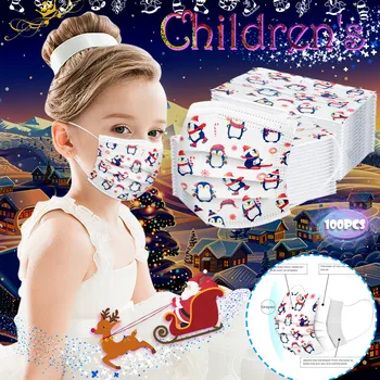 

Child Christmas Mask Cute Penguin Printing Disposable Mask Dustproof Breathable Face Masks 3 Layer Protective Kids Mask 50/100PC