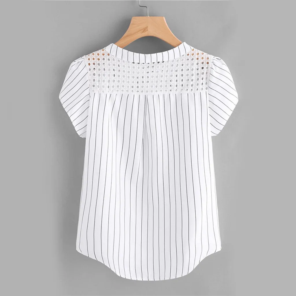 Fashion Blouses Striped Print Shirt Tops Hollow Out Short Butterfly Sleeve Blouse Top Solid Summer Casual Women Shirts Tunic 2