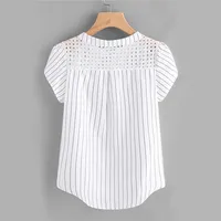 Fashion Blouses Striped Print Shirt Tops Hollow Out Short Butterfly Sleeve Blouse Top Solid Summer Casual Women Shirts Tunic 2