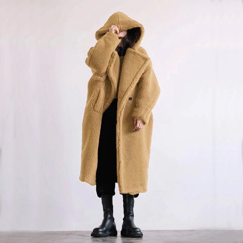 Female Warm Oversized Jacket Fur Coats 2022 Teddy Bear Coat Winter Clothes  For Women Black Belted Wool Coat Hooded Long Parkas - AliExpress