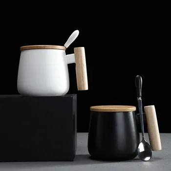 

Nordic Style Black White Fat Body Coffee Mug with Wooden Handle and Spoon Modern Style Office Use Water Milk Drinks MJ81410