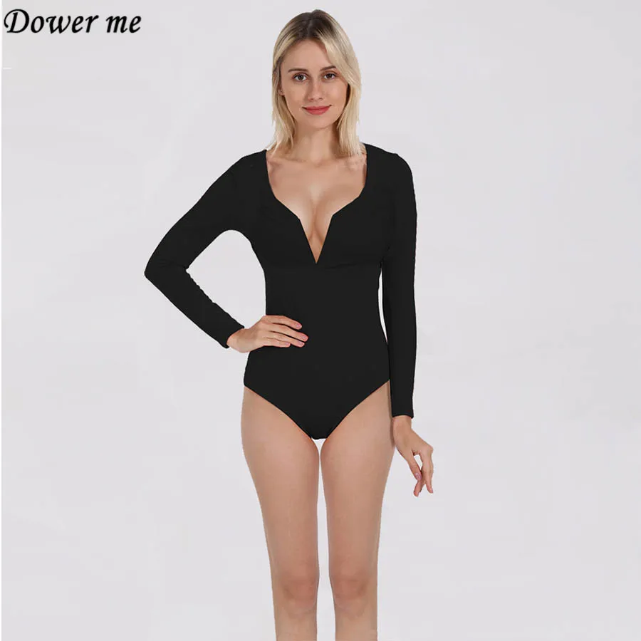 Dower Me, однотонный боди с длинным рукавом, облегающий боди с v-образным вырезом, повседневный уличная одежда, боди для женщин, модный Ropa De Mujer Y022